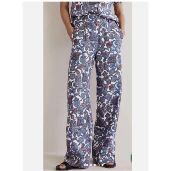 Boden Womans Wide Leg Pants Linen Trousers Paisley UK 14R US 10 Blue Pink NWT - Picture 2 of 10